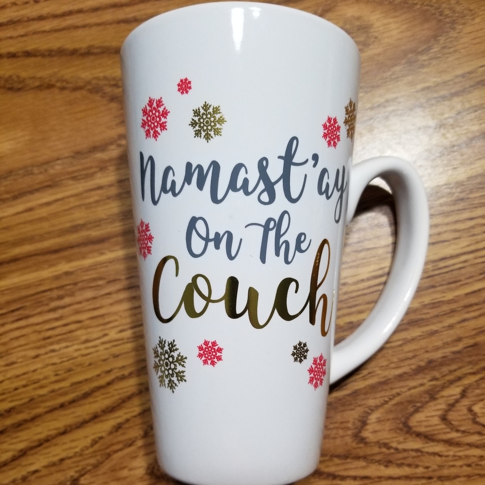 NAMASTAY On The Couch Coffee Cup Mug, Tall Hot Beverage Snowflake Cup
